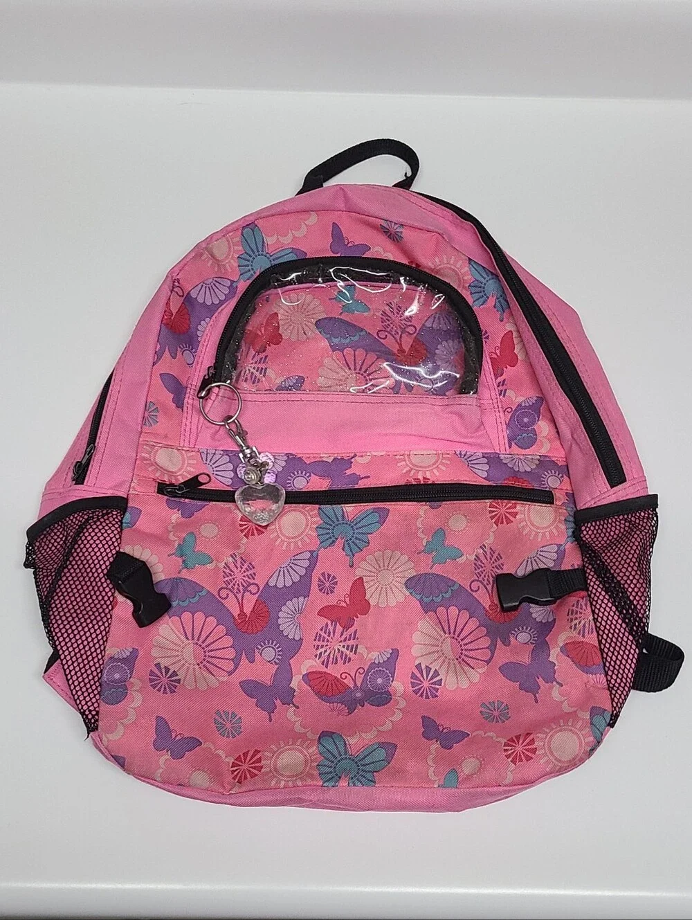 Girls Pink Butterfly Backpack Kids School Bag with Heart Charm & Clear Pocket